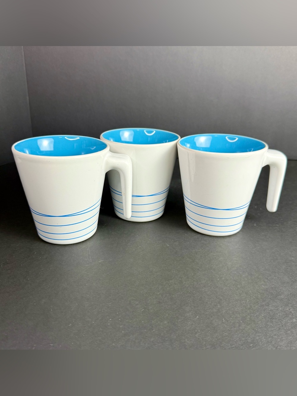 3 IKEA Hurrig Mugs White/Sky Blue Coffee Tea Cup Stackable Stick Handle Retired